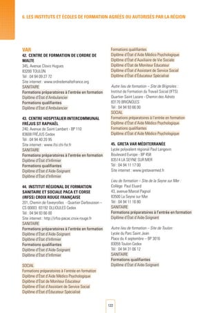 122
VAR
42.	CENTRE DE FORMATION DE L’ORDRE DE
MALTE
345, Avenue Clovis Hugues
83200 TOULON
Tél : 04 94 09 27 72
Site internet : www.ordredemaltefrance.org
SANITAIRE
Formations préparatoires à l’entrée en formation
Diplôme d’État d’Ambulancier
Formations qualifiantes
Diplôme d’État d’Ambulancier
43.	CENTRE HOSPITALIER INTERCOMMUNAL
Fréjus ST RAPHAËL
240, Avenue de Saint Lambert - BP 110	
83608 Fréjus Cedex		
Tél : 04 94 40 20 95
Site internet : www.ifsi.chi-fsr.fr
SANITAIRE
Formations préparatoires à l’entrée en formation
Diplôme d’État d’Infirmier
Formations qualifiantes
Diplôme d’État d’Aide-Soignant
Diplôme d’État d’Infirmier
44.	INSTITUT RégionAL DE FORMATION
SANITAIRE ET SOCIALE PACA ET CORSE
(IRFSS) CROIX ROUGE FRANÇAISE
201, Chemin de Faveyrolles - Quartier Darbousson –
CS 00003 83192 OLLIOULES Cedex
Tél : 04 94 93 66 00
Site internet : http://irfss-pacac.croix-rouge.fr
SANITAIRE
Formations préparatoires à l’entrée en formation
Diplôme d’État d’Aide-Soignant
Diplôme d’État d’Infirmier
Formations qualifiantes
Diplôme d’État d’Aide-Soignant
Diplôme d’État d’Infirmier
SOCIAL
Formations préparatoires à l’entrée en formation
Diplôme d’État d’Aide Médico Psychologique
Diplôme d’État de Moniteur Éducateur
Diplôme d’État d’Assistant de Service Social
Diplôme d’État d’Éducateur Spécialisé
Formations qualifiantes
Diplôme d’État d’Aide Médico Psychologique
Diplôme d’État d’Auxiliaire de Vie Sociale
Diplôme d’État de Moniteur Éducateur
Diplôme d’État d’Assistant de Service Social
Diplôme d’État d’Éducateur Spécialisé
Autre lieu de formation – Site de Brignoles :
Institut de Formation du Travail Social (IFTS)
Quartier Saint Lazare - Chemin des Adrets
83170 BRIGNOLES
Tél : 04 94 93 66 00
SOCIAL
Formations préparatoires à l’entrée en formation
Diplôme d’État d’Aide Médico Psychologique
Formations qualifiantes
Diplôme d’État d’Aide Médico Psychologique
45.	 GRETA VAR Méditerranée	
Lycée polyvalent régional Paul Langevin
Boulevard Europe - BP 458
83514 LA SEYNE SUR MER	
Tél : 04 94 11 17 00
Site internet : www.gretavarmed.fr
Lieu de formation – Site de la Seyne sur Mer :
Collège Paul Eluard
43, avenue Marcel Pagnol
83500 La Seyne sur Mer
Tél : 04 94 11 16 80
SANITAIRE
Formations préparatoires à l’entrée en formation
Diplôme d’État d’Aide-Soignant
Autre lieu de formation – Site de Toulon:
Lycée du Parc Saint Jean
Place du 4 septembre – BP 3016
83059 Toulon Cedex
Tél : 04 94 31 06 12
SANITAIRE
Formations qualifiantes
Diplôme d’État d’Aide-Soignant
6. LES INSTITUTS ET éCOLES DE FORMATION AGRéés ou autorisés par LA RéGION
 