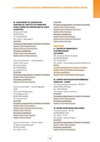123
46.	 GROUPEMENT DE Coopération
SANITAIRE DE L’INSTITUT DE FORMATION
PUBLIC VAROIS DES PROFESSIONS DE Santé
(GCSIFPVPS)
6, Avenue de Toulon
83400 HYERES	
Tél : 04 94 00 58 83
Site internet : www.ifpvps.fr
SANITAIRE
Formations préparatoires à l’entrée en formation
Diplôme d’État d’Ergothérapeute
Diplôme d’État de Psychomotricien
Formations qualifiantes
Diplôme d’État d’Ergothérapeute
Diplôme d’État de Psychomotricien
Autre lieu de formation - Site de Brignoles :
Quartier Saint Lazare
Chemin des Adrets
83170 BRIGNOLES
Tél : 04 94 78 57 93
SANITAIRE
Formations préparatoires à l’entrée en formation
Diplôme d’État d’Aide-Soignant
Formations qualifiantes
Diplôme d’État d’Aide-Soignant
Autre lieu de formation - Site de Draguignan :
IUFM
102 Avenue Philippe Seguin
Parvis Alphonse Gilet
83300 DRAGUIGNAN
Tél : 04 94 39 14 20
SANITAIRE
Formations préparatoires à l’entrée en formation
Diplôme d’État d’Aide-Soignant
Diplôme d’État d’Auxiliaire de Puériculture
Diplôme d’État d’Infirmier
Formations qualifiantes
Diplôme d’État d’Aide-Soignant
Diplôme d’État d’Infirmier
Autre lieu de formation - Site de La Garde :
32 Avenue Antoine Becquerel
83130 LA GARDE
Tél : 04 94 14 72 14
SANITAIRE
Formations préparatoires à l’entrée en formation
Diplôme d’État d’Aide-Soignant
Diplôme d’État d’Auxiliaire Puériculture
Diplôme d’État d’Infirmier
Formations qualifiantes
Diplôme d’État d’Aide-Soignant
Diplôme d’État d’Auxiliaire Puériculture
Diplôme d’État d’Infirmier
VAUCLUSE
47.	CENTRE DE FORMATION ET
D’APPRENTISSAGE
LES ChêneS
524, Avenue du Pont des Fontaines
84200 CARPENTRAS
Tél : 04 90 63 98 71
Site internet : www.lyceeprofessionnel-leschenes.org
SOCIAL
Formations préparatoires à l’entrée en formation
Diplôme d’État d’Aide Médico Psychologique
Formations qualifiantes
Diplôme d’État d’Aide Médico Psychologique
48.	CENTRE HOSPITALIER INTERCOMMUNAL
CAVAILLON – LAURIS
119, Avenue Georges Clemenceau - BP 50157	
84304 CAVAILLON Cedex	
Tél : 04 90 78 85 00
Site internet : www.ch-cavaillon.fr
SANITAIRE
Formations préparatoires à l’entrée en formation
Diplôme d’État d’Aide-Soignant
Formations qualifiantes
Diplôme d’État d’Aide-Soignant
49. CENTRE HOSPITALIER LOUIS GIORGI
Avenue de Lavoisier - BP 184		
84106 ORANGE Cedex	
Tél : 04 90 11 21 64
Site internet : www.ch-orange.fr
SANITAIRE
Formations préparatoires à l’entrée en formation
Diplôme d’État d’Aide-Soignant
Formations qualifiantes
Diplôme d’État d’Aide-Soignant
6. LES INSTITUTS ET éCOLES DE FORMATION AGRéés ou autorisés par LA RéGION
 