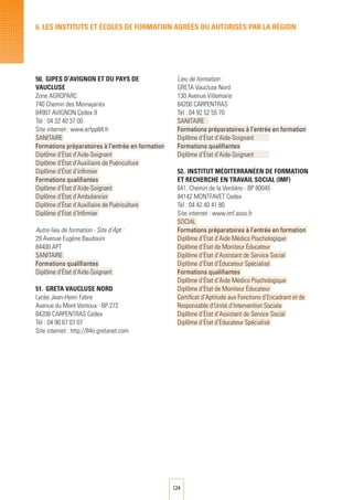 124
50.	 GIPES D’AVIGNON ET DU PAYS DE
VAUCLUSE
Zone AGROPARC
740 Chemin des Meinajariès
84907 AVIGNON Cedex 9
Tél : 04 32 40 37 00
Site internet : www.erfpp84.fr
SANITAIRE
Formations préparatoires à l’entrée en formation
Diplôme d’État d’Aide-Soignant
Diplôme d’État d’Auxiliaire de Puériculture
Diplôme d’État d’infirmier
Formations qualifiantes
Diplôme d’État d’Aide-Soignant
Diplôme d’État d’Ambulancier
Diplôme d’État d’Auxiliaire de Puériculture
Diplôme d’État d’Infirmier
Autre lieu de formation - Site d’Apt :
29 Avenue Eugène Baudouin
84400 APT
SANITAIRE
Formations qualifiantes
Diplôme d’État d’Aide-Soignant
51.	 GRETA VAUCLUSE NORD
Lycée Jean-Henri Fabre
Avenue du Mont Ventoux - BP 272
84208 CARPENTRAS Cedex
Tél : 04 90 67 07 07	
Site internet : http://84n.gretanet.com
Lieu de formation :
GRETA Vaucluse Nord
130 Avenue Villemarie
84200 CARPENTRAS
Tél : 04 92 52 55 70
SANITAIRE	
Formations préparatoires à l’entrée en formation
Diplôme d’État d’Aide-Soignant 	
Formations qualifiantes
Diplôme d’État d’Aide-Soignant 	
52.	INSTITUT Méditerranéen DE FORMATION
ET RECHERCHE EN TRAVAIL SOCIAL (IMF)
641, Chemin de la Verdière - BP 80045
84142 MONTFAVET Cedex
Tél : 04 42 40 41 80
Site internet : www.imf.asso.fr
SOCIAL
Formations préparatoires à l’entrée en formation
Diplôme d’État d’Aide Médico Psychologique
Diplôme d’État de Moniteur Éducateur
Diplôme d’État d’Assistant de Service Social
Diplôme d’État d’Éducateur Spécialisé
Formations qualifiantes
Diplôme d’État d’Aide Médico Psychologique
Diplôme d’État de Moniteur Éducateur
Certificat d’Aptitude aux Fonctions d’Encadrant et de
Responsable d’Unité d’Intervention Sociale
Diplôme d’État d’Assistant de Service Social
Diplôme d’État d’Éducateur Spécialisé
6. LES INSTITUTS ET éCOLES DE FORMATION AGRéés ou autorisés par LA RéGION
 