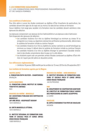 38
Les instituts de formation agréés par la Région
HAUTES-ALPES
6. FONDATION Édith SELTZER – CHANTOISEAU
BRIANÇON
ALPES-MARITIMES
13. FONDATION LENVAL INSTITUT DE FORMA-
TION PETITE ENFANCE
NICE
BOUCHES-DU-RHÔNE - MARSEILLE
20.1 ASSISTANCE PUBLIQUE DES HOPITAUX DE
MARSEILLE
(AP-HM) IRFSS - HOUPHOUËT BOIGNY
13015 MARSEILLE
26. GRETA MARSEILLE LITTORAL
13015 MARSEILLE
31. INSTITUT RégionAL DE FORMATION SANI-
TAIRE ET SOCIALE PACA ET CORSE (IRFSS)
CROIX ROUGE FRANÇAISE
13005 MARSEILLE	
BOUCHES-DU-RHÔNE – HORS MARSEILLE
41. INSTITUT RégionAL DE FORMATION SANI-
TAIRE ET SOCIALE PACA ET CORSE (IRFSS)
CROIX ROUGE FRANÇAISE
AIX EN PROVENCE
VAR
46. GROUPEMENT DE Coopération SANITAIRE
DE L’INSTITUT DE FORMATION PUBLIC VAROIS
DES PROFESSIONS DE SANTé (GCSIFPVPS)
LA GARDE
VAUCLUSE
50. GIPES D’AVIGNON ET DU PAYS DE VAUCLUSE
AVIGNON
Les conditions d’admission
Pour être admis à suivre les études conduisant au diplôme d’État d’auxiliaire de puériculture, les
candidats doivent être âgés de dix-sept ans au moins à la date de leur entrée en formation.
Aucun diplôme n’est exigé pour accéder à la formation mais les candidats doivent satisfaire à des
épreuves de sélection.
Les épreuves comprennent une épreuve écrite d’admissibilité et une épreuve orale d’admission.
Sont dispensés des épreuves de sélection :
• Les candidats titulaires d’un titre ou diplôme homologué au minimum au niveau IV ou
enregistré à ce niveau au répertoire national de certification professionnelle, délivré dans
le système de formation initiale ou continu français
• Les candidats titulaires d’un titre ou diplôme du secteur sanitaire ou social homologué au
minimum au niveau V, délivré dans le système de formation initiale ou continue français
les candidats titulaires d’un titre ou diplôme étranger lui permettant d’accéder directe-
ment à des études universitaires dans le pays où il a été obtenu
• Les étudiants ayant subi une première année d’études conduisant au diplôme d’État infir-
mier et n’ayant pas été admis en deuxième année.
Les références règlementaires
• Arrêté du 16 janvier 2006 modifié par les arrêtés du 15 mars 2010 et du 28 septembre 2011
4. LES FORMATIONS QUALIFIANTES
4.1 LES FORMATIONS DES PROFESSIONS PARAMéDICALES
ET DE SAGES-FEMMES
 