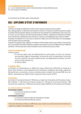 42
Les formations accessibles après le baccalauréat
DEI : DIPLôME D’éTAT D’INFIRMIER
				
Le métier
L’infirmier est chargé de l’élaboration et de la mise en œuvre du projet de soins du patient.
Danscetteperspective,ilréalisedessoinsdestinésàmaintenirourestaurerlasantédelapersonnemalade.
Il surveille l’état de santé des patients et coordonne les soins pendant leur hospitalisation et lors de leur sor-
tie.Ilagit,soitàsoninitiative,soitselonlesprescriptionsdumédecin:préparationetdistributiondemédica-
ments, pansements, prélèvements, prise de tension, injections, accompagnement des visites du médecin…
Il participe à la rédaction et la mise à jour du dossier du malade, ainsi qu’à l’information et à l’accompagne-
ment du patient et de son entourage.
Il encadre une équipe d’aides-soignants et travaille en étroite relation avec le corps médical. Il transmet par
écritouparorallesinformationsrelativesauxpatientspourgarantirlesuividesmaladesdanslesmeilleures
conditions. L’infirmier peut être amené à travailler la nuit, le week-end et les jours fériés.
L’exercice professionnel
L’infirmier exerce :
• En tant que salarié, dans les établissements de santé publics ou privés, les structures
pour personnes âgées ou handicapées, les centres de soins, les dispensaires, les services
de soins à domicile, les centres médico-sociaux, les établissements scolaires, les entre-
prises, le milieu carcéral, etc.
• En secteur libéral.
Le diplôme d’État
La formation est sanctionnée par un diplôme de niveau II délivré par le Ministère en charge de la
Santé. Cette formation s’inscrit désormais dans l’architecture européenne des études supérieures.
Elle permet ainsi, aux étudiants inscrits en première année à compter de la rentrée 2009, de se voir
délivrer, conjointement au diplôme d’État, le grade de licence à partir de 2012.
La formation
La formation d’une durée totale de 5 100 heures, se répartit sur 6 semestres de 20 semaines chacun.
Elle comprend 2 100 heures de formation clinique et 2 100 heures de formation théorique, (750
heures de cours magistraux, 1 050 heures de travaux dirigés et 900 heures de travail personnel guidé).
Les voies d’accès à la formation
La formation initiale :
• La continuité de parcours scolaire
• L’apprentissage
La formation continue :
• La formation professionnelle des demandeurs d’emploi
• La formation professionnelle des salariés
Pour toute information relative aux différentes voies d’accès et aux financements des formations se
reporter au chapitre 2 du présent guide.	
	 	
4. LES FORMATIONS QUALIFIANTES
4.1 LES FORMATIONS DES PROFESSIONS PARAMéDICALES
ET DE SAGES-FEMMES
 