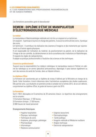 46
Les formations accessibles après le baccalauréat
DEMEM : DIPLôME D’éTAT DE MANIPULATEUR
D’éLECTRORADIOLOGIE MéDICALE		 		
Le métier
Le manipulateur d’électroradiologie médicale est à la fois un soignant et un technicien.
Un soignant : il participe à la prise en charge des patients, il assure la continuité des soins, il pratique
des soins.
Un technicien : il contribue à la réalisation des examens d’imagerie et des traitements par rayonne-
ments ou d’autres agents physiques.
Il est responsable de l’utilisation du matériel, du positionnement du patient, de la réalisation de
l’image et de son contrôle, du déclenchement et de la surveillance des irradiations en Radiothérapie.
Il respecte les règles de radioprotection.
Il adapte sa pratique professionnelle à l’évolution des sciences et des techniques.
L’exercice professionnel
Toujours sous la responsabilité d’un médecin radiologue, le manipulateur exerce à l’hôtital, en cabi-
net de radiologie ou en centre spécialisé (anticancéreux, dépistage). Il peut exercer également au
sein des services de santé de l’armée, dans un hôpital militaire…
Le diplôme d’État
La formation est sanctionnée par un diplôme de niveau II délivré par le Ministère en charge de la
Santé. Cette formation s’inscrit désormais dans l’architecture européenne des études supérieures.
Elle permet ainsi, aux étudiants en première année à compter de la rentrée 2012, de se voir délivrer,
conjointement au diplôme d’État, le grade de licence à partir de 2015.
La formation
Soit 5 100 h découpées en 6 semestres de 20 semaines chacun. La répartition des enseignements
est la suivante :
1) Formation théorique : 2 100 heures.
2) Formation clinique : 2 100 heures.
3) 900 heures de travail personnel
Enseignements théoriques
• Hygiène hospitalière	 • Urgence secourisme
• Physique, technologie 	 • Electrophysiologie
• Techniques de soins 	 • Santé publique
• Anatomie, physiologie, pathologie	 • Imagerie médicale et Médecine nucléaire
• Pharmacologie 	 • Anglais technique
• Informatique 	 • Electricité radioprotection
• Relations communication	
4. LES FORMATIONS QUALIFIANTES
4.1 LES FORMATIONS DES PROFESSIONS PARAMéDICALES
ET DE SAGES-FEMMES
 