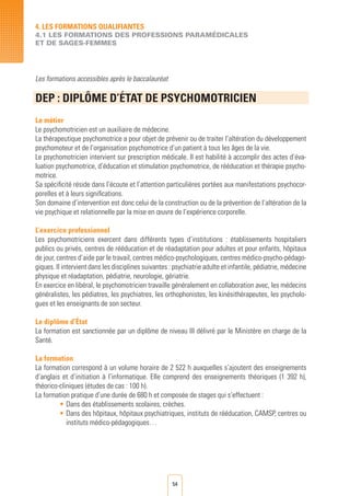54
Les formations accessibles après le baccalauréat
DEP : DIPLôME D’éTAT DE PSYCHOMOTRICIEN		
	
Le métier
Le psychomotricien est un auxiliaire de médecine.
La thérapeutique psychomotrice a pour objet de prévenir ou de traiter l’altération du développement
psychomoteur et de l’organisation psychomotrice d’un patient à tous les âges de la vie.
Le psychomotricien intervient sur prescription médicale. Il est habilité à accomplir des actes d’éva-
luation psychomotrice, d’éducation et stimulation psychomotrice, de rééducation et thérapie psycho-
motrice.
Sa spécificité réside dans l’écoute et l’attention particulières portées aux manifestations psychocor-
porelles et à leurs significations.
Son domaine d’intervention est donc celui de la construction ou de la prévention de l’altération de la
vie psychique et relationnelle par la mise en œuvre de l’expérience corporelle.
L’exercice professionnel
Les psychomotriciens exercent dans différents types d’institutions : établissements hospitaliers
publics ou privés, centres de rééducation et de réadaptation pour adultes et pour enfants, hôpitaux
de jour, centres d’aide par le travail, centres médico-psychologiques, centres médico-psycho-pédago-
giques. Il intervient dans les disciplines suivantes : psychiatrie adulte et infantile, pédiatrie, médecine
physique et réadaptation, pédiatrie, neurologie, gériatrie.
En exercice en libéral, le psychomotricien travaille généralement en collaboration avec, les médecins
généralistes, les pédiatres, les psychiatres, les orthophonistes, les kinésithérapeutes, les psycholo-
gues et les enseignants de son secteur.
Le diplôme d’État
La formation est sanctionnée par un diplôme de niveau III délivré par le Ministère en charge de la
Santé.
La formation
La formation correspond à un volume horaire de 2 522 h auxquelles s’ajoutent des enseignements
d’anglais et d’initiation à l’informatique. Elle comprend des enseignements théoriques (1 392 h),
théorico-cliniques (études de cas : 100 h).
La formation pratique d’une durée de 680 h et composée de stages qui s’effectuent :
•	Dans des établissements scolaires, crèches.
•	Dans des hôpitaux, hôpitaux psychiatriques, instituts de rééducation, CAMSP, centres ou
instituts médico-pédagogiques…
4. LES FORMATIONS QUALIFIANTES
4.1 LES FORMATIONS DES PROFESSIONS PARAMéDICALES
ET DE SAGES-FEMMES
 