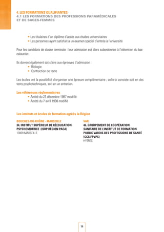 56
• Les titulaires d’un diplôme d’accès aux études universitaires
• Les personnes ayant satisfait à un examen spécial d’entrée à l’université
Pour les candidats de classe terminale : leur admission est alors subordonnée à l’obtention du bac-
calauréat.
Ils doivent également satisfaire aux épreuves d’admission :
• Biologie
• Contraction de texte
Les écoles ont la possibilité d’organiser une épreuve complémentaire ; celle-ci consiste soit en des
tests psychotechniques, soit en un entretien.
Les références règlementaires
• Arrêté du 23 décembre 1987 modifié
• Arrêté du 7 avril 1998 modifié
Les instituts et écoles de formation agréés la Région
Bouches-du-Rhône - MARSEILLE
34. INSTITUT Supérieur DE RéEDUCATION
PSYCHOMOTRICE (ISRP Région PACA)	
13009 MARSEILLE
VAR
46. GROUPEMENT DE Coopération
SANITAIRE DE L’INSTITUT DE FORMATION
PUBLIC VAROIS DES PROFESSIONS DE Santé
(GCSIFPVPS)
HYèRES	
4. LES FORMATIONS QUALIFIANTES
4.1 LES FORMATIONS DES PROFESSIONS PARAMéDICALES
ET DE SAGES-FEMMES
 