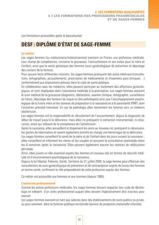 57
Les formations accessibles après le baccalauréat
DESF :	DIPLôME D’éTAT DE SAGE-FEMME
Le métier
Les sages-femmes (ou maïeuticiens/maïeuticiennes) exercent en France une profession médicale.
Leur champ de compétences, concerne la grossesse, l’accouchement et ses suites pour la mère et
l’enfant, ainsi que la santé génésique des femmes (suivi gynécologique de prévention et dépistage
des cancers de la femme).
Pour assurer leurs différentes missions, les sages-femmes pratiquent des actes médicaux (consulta-
tions, échographies, accouchements, prescription de médicaments et d’examens para cliniques…)
conformément aux dispositions prévues dans le code de santé publique.
En collaboration avec les médecins, elles peuvent participer au traitement des affections gynécolo-
giques, et sont impliquées dans l’assistance médicale à la procréation. Les sages-femmes assurent
le suivi médical de la grossesse (diagnostic, déclaration, examen clinique, échographie, surveillance
du fœtus, dépistage des facteurs de risque ou des pathologies) ainsi que l’accompagnement psycho-
logique de la future mère et les séances de préparation à la naissance et à la parentalité (PNP), dont
l’entretien prénatal individuel. En cas de pathologie elles réorientent les femmes vers un médecin
obstétricien.
Les sages-femmes ont la responsabilité du déroulement de l’accouchement, depuis le diagnostic de
début de travail jusqu’à la délivrance, mais elles ne pratiquent ni extraction instrumentale, ni césa-
rienne, actes qui relèvent de la compétence de l’obstétricien.
Après la naissance, elles accueillent et dispensent les soins au nouveau-né, pratiquent si nécessaire,
les gestes de réanimation et savent également prendre en charge une hémorragie de la délivrance.
Les sages-femmes surveillent la santé de la mère et de l’enfant dans les jours suivant la naissance ;
elles conseillent et informent les mères et les couples et assurent la consultation postnatale (dans
les 8 semaines après la naissance). Elles peuvent également assurer les séances de rééducation
périnéale.
Ainsi, elles jouent un rôle essentiel auprès des femmes et nouveau-nés en termes de sécurité médi-
cale et d’environnement psychologique de la naissance.
Depuis la loi Hôpital, Patients, Santé, Territoire du 21 juillet 2009, la sage-femme peut effectuer des
consultations de suivi gynécologique de prévention et de contraception auprès de toutes les femmes
en bonne santé, confirmant le rôle prépondérant de cette profession auprès des femmes.
Ce métier est accessible aux femmes et aux hommes (depuis 1985).
L’exercice professionnel
Comme les autres professions médicales, les sages-femmes doivent respecter leur code de déonto-
logie et relèvent d’un ordre professionnel auquel elles doivent impérativement être inscrites pour
exercer.
Les sages-femmes exercent en tant que salariés dans des établissements de soins publics ou privés,
ou plus rarement dans la fonction publique territoriale (service de protection maternelle infantile).
4. LES FORMATIONS QUALIFIANTES
4.1 LES FORMATIONS DES PROFESSIONS PARAMéDICALES
ET DE SAGES-FEMMES
 
