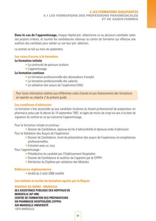 67
4. LES FORMATIONS QUALIFIANTES
4.1 LES FORMATIONS DES PROFESSIONS PARAMéDICALES
ET DE SAGES-FEMMES
Dans le cas de l’apprentissage, chaque hôpital pré- sélectionne un ou plusieurs candidats selon
ses propres critères, et soumet les candidatures retenues au centre de formation qui effectue une
audition des candidats pour valider ou non leur pré- sélection.
La rentrée se fait au mois de septembre.
Les voies d’accès à la formation
La formation initiale
• La continuité de parcours scolaire
• L’apprentissage
La formation continue
• La formation professionnelle des demandeurs d’emploi	
• La formation professionnelle des salariés
• La validation des acquis de l’expérience (VAE)
Pour toute information relative aux différentes voies d’accès et aux financements des formations
se reporter au chapitre 2 du présent guide.
Les conditions d’admission	
La formation n’est accessible qu’aux candidats titulaires du brevet professionnel de préparateur en
pharmacie prévu par le décret du 10 septembre 1997, et âgés de moins de vingt-six ans à la date de
signature du contrat en ce qui concerne l’apprentissage.
Pour la formation initiale et continue :
• Dossier de Candidature, épreuve écrite d’admissibilité et épreuve orale d’admission
Pour la Validation des Acquis de l’expérience :
• Dossier de Candidature, livret de présentation des acquis de l’expérience et compétences
professionnelles.
• Entretien avec un Jury.
Pour l’apprentissage :
• Présélection du candidat par l’Etablissement Hospitalier
• Dossier de Candidature et audition de l’apprenti par le CFPPH
• Attribution du Diplôme par validation des Modules
Références règlementaires
• Arrêté du 2 août 2006 modifié
Les instituts et écoles de formation agréés par la Région
Bouches-du-Rhône - MARSEILLE
20.5 ASSISTANCE PUBLIQUE DES HOPITAUX DE
MARSEILLE (AP-HM)
CENTRE DE FORMATION DES Préparateurs
EN PHARMACIE Hospitalière (CFPPH)
AIX-MARSEILLE Université
13015 MARSEILLE 	
 