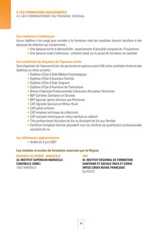 74
Les conditions d’admission
Aucun diplôme n’est exigé pour accéder à la formation mais les candidats doivent satisfaire à des
épreuves de sélection qui comprennent :
• Une épreuve écrite d’admissibilité : questionnaire d’actualité composé de 10 questions
• Une épreuve orale d’admission : entretien basé sur le projet de formation du candidat
Les conditions de dispense de l’épreuve écrite
Sont dispensés de l’épreuve écrite, les personnes en parcours post-VAE et les candidats titulaires des
diplômes ou titres suivants :
• Diplôme d’État d’Aide Médico-Psychologique
• Diplôme d’État d’Assistant Familial
• Diplôme d’État d’Aide Soignant
• Diplôme d’État d’Auxiliaire de Puériculture
• Brevet d’Aptitude Professionnelle d’Assistant Animateur Technicien
• BEP Carrières Sanitaires et Sociales
• BEP Agricole option Services aux Personnes
• CAP Agricole Services en Milieu Rural
• CAP petite enfance
• CAP employé technique de collectivité
• CAP assistant technique en milieu familial ou collectif
• Titre professionnel Assistant de Vie ou Assistant de Vie aux familles
• Certificat d’employé familial polyvalent suivi du certificat de qualification professionnelle
assistant de vie
Les références règlementaires
• Arrêté du 4 juin 2007
Les instituts et écoles de formation autorisés par la Région
4. LES FORMATIONS QUALIFIANTES
4.2 LES FORMATIONS DUTRAVAIL SOCIAL
Bouches-du-Rhône - MARSEILLE
33. INSTITUT Supérieur MARSEILLE
CADENELLE (ISMC)
13012 MARSEILLE	
Var
44. INSTITUT RégionAL DE FORMATION
SANITAIRE ET SOCIALE PACA ET CORSE
(IRFSS) CROIX ROUGE FRANÇAISE
OLLIOULES 		
 