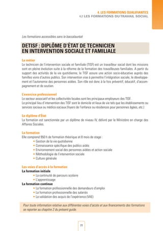 77
4. LES FORMATIONS QUALIFIANTES
4.2 LES FORMATIONS DUTRAVAIL SOCIAL
Les formations accessibles sans le baccalauréat
DETISF : DIPLôME D’éTAT DE TECHNICIEN
EN INTERVENTION SOCIALE ET FAMILIALE		 	
Le métier
Le technicien de l’intervention sociale et familiale (TISF) est un travailleur social dont les missions
sont en pleine évolution suite à la réforme de la formation des travailleuses familiales. A partir du
support des activités de la vie quotidienne, le TISF assure une action socio-éducative auprès des
familles voire d’autres publics. Son intervention vise à permettre l’intégration sociale, le développe-
ment et l’autonomie des personnes aidées. Son rôle est donc à la fois préventif, éducatif, d’accom-
pagnement et de soutien.
L’exercice professionnel
Le secteur associatif et les collectivités locales sont les principaux employeurs des TISF.
Le principal lieu d’intervention des TISF sont le domicile et lieux de vie tels que les établissements ou
services sociaux ou médico-sociaux (foyers de l’enfance ou résidences pour personnes âgées, etc.)
Le diplôme d’État
La formation est sanctionnée par un diplôme de niveau IV, délivré par le Ministère en charge des
Affaires Sociales.
La formation
Elle comprend 950 h de formation théorique et 8 mois de stage :
• Gestion de la vie quotidienne
• Connaissance spécifique des publics aidés
• Environnement social des personnes aidées et action sociale
• Méthodologie de l’intervention sociale
• Culture générale
Les voies d’accès à la formation
La formation initiale
• La continuité de parcours scolaire
• L’apprentissage
La formation continue
• La formation professionnelle des demandeurs d’emploi	
• La formation professionnelle des salariés	
• La validation des acquis de l’expérience (VAE)
Pour toute information relative aux différentes voies d’accès et aux financements des formations
se reporter au chapitre 2 du présent guide.
 
