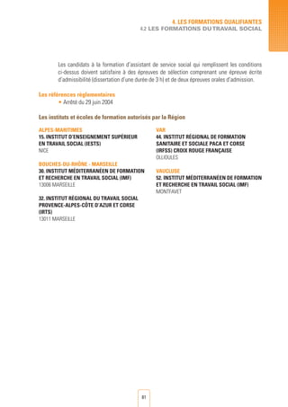 81
4. LES FORMATIONS QUALIFIANTES
4.2 LES FORMATIONS DUTRAVAIL SOCIAL
Les candidats à la formation d’assistant de service social qui remplissent les conditions
ci-dessus doivent satisfaire à des épreuves de sélection comprenant une épreuve écrite
d’admissibilité (dissertation d’une durée de 3 h) et de deux épreuves orales d’admission.
Les références règlementaires
• Arrêté du 29 juin 2004
Les instituts et écoles de formation autorisés par la Région
ALPES-MARITIMES
15. INSTITUT D’ENSEIGNEMENT Supérieur
EN TRAVAIL SOCIAL (IESTS)
NICE
BOUCHES-DU-RHÔNE - MARSEILLE
30. INSTITUT Méditerranéen DE FORMATION
ET RECHERCHE EN TRAVAIL SOCIAL (IMF)
13006 MARSEILLE
32. INSTITUT RégionAL DU TRAVAIL SOCIAL
PROVENCE-ALPES-Côte D’AZUR ET CORSE
(IRTS)
13011 MARSEILLE
VAR
44. INSTITUT RégionAL DE FORMATION
SANITAIRE ET SOCIALE PACA ET CORSE
(IRFSS) CROIX ROUGE FRANÇAISE
OLLIOULES
VAUCLUSE
52. INSTITUT Méditerranéen DE FORMATION
ET RECHERCHE EN TRAVAIL SOCIAL (IMF)
MONTFAVET
 
