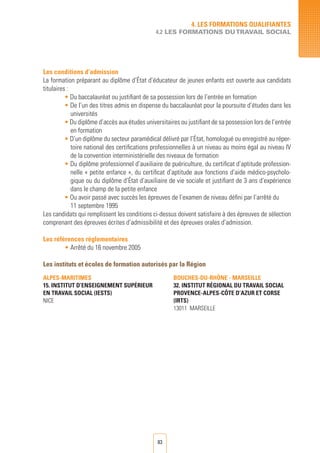 83
4. LES FORMATIONS QUALIFIANTES
4.2 LES FORMATIONS DUTRAVAIL SOCIAL
Les conditions d’admission
La formation préparant au diplôme d’État d’éducateur de jeunes enfants est ouverte aux candidats
titulaires :
• Du baccalauréat ou justifiant de sa possession lors de l’entrée en formation
• De l’un des titres admis en dispense du baccalauréat pour la poursuite d’études dans les
universités
• Du diplôme d’accès aux études universitaires ou justifiant de sa possession lors de l’entrée
	 en formation
• D’un diplôme du secteur paramédical délivré par l’État, homologué ou enregistré au réper-
toire national des certifications professionnelles à un niveau au moins égal au niveau IV
de la convention interministérielle des niveaux de formation
• Du diplôme professionnel d’auxiliaire de puériculture, du certificat d’aptitude profession-
nelle « petite enfance », du certificat d’aptitude aux fonctions d’aide médico-psycholo-
gique ou du diplôme d’État d’auxiliaire de vie sociale et justifiant de 3 ans d’expérience
dans le champ de la petite enfance
• Ou avoir passé avec succès les épreuves de l’examen de niveau défini par l’arrêté du
	 11 septembre 1995
Les candidats qui remplissent les conditions ci-dessus doivent satisfaire à des épreuves de sélection
comprenant des épreuves écrites d’admissibilité et des épreuves orales d’admission.
Les références règlementaires
• Arrêté du 16 novembre 2005
Les instituts et écoles de formation autorisés par la Région
ALPES-MARITIMES
15. INSTITUT D’ENSEIGNEMENT Supérieur
EN TRAVAIL SOCIAL (IESTS)
NICE
BOUCHES-DU-RHÔNE - MARSEILLE
32. INSTITUT RégionAL DU TRAVAIL SOCIAL
PROVENCE-ALPES-Côte D’AZUR ET CORSE
(IRTS)
13011 MARSEILLE
 