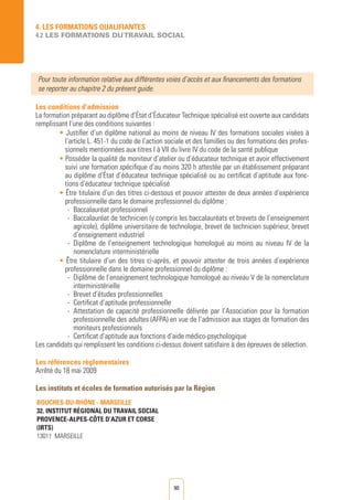 90
4. LES FORMATIONS QUALIFIANTES
4.2 LES FORMATIONS DUTRAVAIL SOCIAL
Pour toute information relative aux différentes voies d’accès et aux financements des formations
se reporter au chapitre 2 du présent guide.
Les conditions d’admission
La formation préparant au diplôme d’État d’éducateur Technique spécialisé est ouverte aux candidats
remplissant l’une des conditions suivantes :
• Justifier d’un diplôme national au moins de niveau IV des formations sociales visées à
l’article L. 451-1 du code de l’action sociale et des familles ou des formations des profes-
sionnels mentionnées aux titres I à VII du livre IV du code de la santé publique
• Posséder la qualité de moniteur d’atelier ou d’éducateur technique et avoir effectivement
suivi une formation spécifique d’au moins 320 h attestée par un établissement préparant
au diplôme d’État d’éducateur technique spécialisé ou au certificat d’aptitude aux fonc-
tions d’éducateur technique spécialisé
• Être titulaire d’un des titres ci-dessous et pouvoir attester de deux années d’expérience
professionnelle dans le domaine professionnel du diplôme :
- 	Baccalauréat professionnel
- 	Baccalauréat de technicien (y compris les baccalauréats et brevets de l’enseignement
agricole), diplôme universitaire de technologie, brevet de technicien supérieur, brevet
d’enseignement industriel
- 	Diplôme de l’enseignement technologique homologué au moins au niveau IV de la
nomenclature interministérielle
• Être titulaire d’un des titres ci-après, et pouvoir attester de trois années d’expérience
professionnelle dans le domaine professionnel du diplôme :
- 	Diplôme de l’enseignement technologique homologué au niveau V de la nomenclature
interministérielle
- 	Brevet d’études professionnelles
- 	Certificat d’aptitude professionnelle
- 	Attestation de capacité professionnelle délivrée par l’Association pour la formation
professionnelle des adultes (AFPA) en vue de l’admission aux stages de formation des
moniteurs professionnels
- 	Certificat d’aptitude aux fonctions d’aide médico-psychologique
Les candidats qui remplissent les conditions ci-dessus doivent satisfaire à des épreuves de sélection.
Les références règlementaires
Arrêté du 18 mai 2009
Les instituts et écoles de formation autorisés par la Région
	
BOUCHES-DU-RHÔNE - MARSEILLE
32. INSTITUT RégionAL DU TRAVAIL SOCIAL
PROVENCE-ALPES-Côte D’AZUR ET CORSE
(IRTS)
13011 MARSEILLE
 