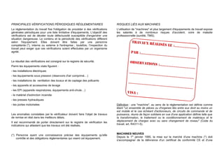 PRINCIPALES VÉRIFICATIONS PÉRIODIQUES RÉGLEMENTAIRES
La réglementation du travail fixe l'obligation de procéder à des vérifications
générales périodiques pour une liste limitative d'équipements. L'objectif des
vérifications est de déceler toute défectuosité susceptible d'engendrer une
situation dangereuse. Le contenu et la périodicité des vérifications diffèrent
selon l'équipement. Elles doivent être faites par une personne
compétente (*), interne ou externe à l'entreprise ; toutefois, l’inspection du
travail peut exiger que ces vérifications soient effectuées par un organisme
agréé.
Le résultat des vérifications est consigné sur le registre de sécurité.
Parmi les équipements visés figurent :
- les installations électriques
- les équipements sous pression (réservoirs d'air comprimé…)
- les installations de ventilation des locaux et de captage des polluants
- les appareils et accessoires de levage
- les EPI (appareils respiratoires, équipements anti-chute…)
- le matériel d'extinction incendie
- les presses hydrauliques
- les portes motorisées
Les anomalies constatées par le vérificateur doivent faire l'objet de travaux
de remise en état dans les meilleurs délais.
Il est recommandé de porter directement sur le registre de vérification les
indications qui attestent que les travaux ont été réalisés.
(*) Personne ayant une connaissance précise des équipements qu'elle
contrôle et des obligations réglementaires qui visent cet équipement.
RISQUES LIÉS AUX MACHINES
L'utilisation de "machines" et plus largement d'équipements de travail expose
les salariés à de nombreux risques d'accident, voire de maladie
professionnelle (surdité, TMS).
Définition : une "machine", au sens de la réglementation est définie comme
étant "un ensemble de pièces ou d'organes liés entre eux dont au moins un
est mobile et le cas échéant d'actionneurs, de circuits de commande et de
puissance, réunis de façon solidaire en vue d'une application définie telle que
la transformation, le traitement ou le conditionnement de matériaux et le
déplacement de charges avec ou sans changement de niveau" (Code du
travail, art. R4311-5).
MACHINES NEUVES
Depuis le 1er
janvier 1995, la mise sur le marché d'une machine (*) doit
s'accompagner de la délivrance d'un certificat de conformité CE et d'une
 