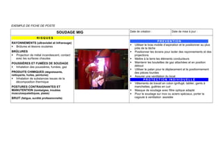 EXEMPLE DE FICHE DE POSTE
SOUDAGE MIG Date de création : Date de mise à jour :
R I S Q U E S
RAYONNEMENTS (ultraviolet et Infrarouge)
 Brûlures et lésions oculaires
BRÛLURES
 Projection de métal incandescent, contact
avec les surfaces chaudes
POUSSIÈRES ET FUMÉES DE SOUDAGE
 Inhalation des poussières, fumées, gaz
PRODUITS CHIMIQUES (dégraissants,
nettoyants, huiles, peintures)
 Inhalation de substances issues de la
décomposition thermique
POSTURES CONTRAIGNANTES ET
MANUTENTION (lombalgies, troubles
musculosquelettiques, plaies)
BRUIT (fatigue, surdité professionnelle)
P R E V E N T I O N
 Utiliser le bras mobile d’aspiration et le positionner au plus
près de la tâche
 Positionner les écrans pour isoler des rayonnements et des
projections
 Mettre à la terre les éléments conducteurs
 Maintenir les bouteilles de gaz attachées et en position
debout
 Utiliser le palan pour le déplacement et le positionnement
des pièces lourdes
 Assurer une ventilation du local
P R O T E C T I O N I N D I V I D U E L L E
 Vêtements de travail en coton ignifugé, tablier, gants à
manchettes, guêtres en cuir
 Masque de soudage avec filtre optique adapté
 Pour le soudage sur inox ou aciers spéciaux, porter la
cagoule à ventilation assistée
 