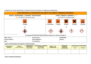 EXEMPLE DE FICHE INDIVIDUELLE D’EXPOSITION AUX PRODUITS CHIMIQUES DANGEREUX
FICHE INDIVIDUELLE D’EXPOSITION AUX CMR ET AUX AGENTS CHIMIQUES DANGEREUX
AGENTS CANCÉROGÈNES, MUTAGÈNES, REPROTOXIQUES
(CMR) Art. R4412-41 du code du travail
AGENTS CHIMIQUES DANGEREUX (ACD)
Art. R.4412-41 du code du travail
T Toxique T+ Très toxique T Toxique Xn Nocif Xi Irritant C Corrosif
ou ou
Accompagnés des phrases de risques spécifiques (phrases R ou mentions de danger H)
NOM – Prénom :
Date de naissance :
Sexe :
Poste de travail :
Début d’affectation :
Fin d’affectation :
ENTREPRISE :
Adresse :
AGENTS CANCÉROGÈNES, MUTAGÈNES OU REPROTOXIQUES :
NATURE DES
TRAVAUX
PRODUIT
(Nom commercial)
COMPOSANTS
DANGEREUX
(Point 3 FDS)
ÉTIQUETAGE – PHRASES
DE RISQUES
(Point 15 FDS)
DÉBUT – FIN
D’EXPOSITION
FRÉQUENCE
DURÉE DE
L’EXPOSITION
CONTRÔLES DE l’EXPOSITION
Dates Résultats
AGENTS CHIMIQUES DANGEREUX :
 