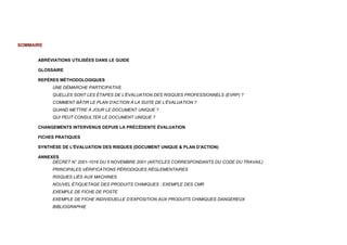 SOMMAIRE
ABRÉVIATIONS UTILISÉES DANS LE GUIDE
GLOSSAIRE
REPÈRES MÉTHODOLOGIQUES
UNE DÉMARCHE PARTICIPATIVE
QUELLES SONT LES ÉTAPES DE L'ÉVALUATION DES RISQUES PROFESSIONNELS (EVRP) ?
COMMENT BÂTIR LE PLAN D'ACTION À LA SUITE DE L'ÉVALUATION ?
QUAND METTRE À JOUR LE DOCUMENT UNIQUE ?
QUI PEUT CONSULTER LE DOCUMENT UNIQUE ?
CHANGEMENTS INTERVENUS DEPUIS LA PRÉCÉDENTE ÉVALUATION
FICHES PRATIQUES
SYNTHÈSE DE L'ÉVALUATION DES RISQUES (DOCUMENT UNIQUE & PLAN D'ACTION)
ANNEXES
DÉCRET N° 2001-1016 DU 5 NOVEMBRE 2001 (ARTICLES CORRESPONDANTS DU CODE DU TRAVAIL)
PRINCIPALES VÉRIFICATIONS PÉRIODIQUES RÉGLEMENTAIRES
RISQUES LIÉS AUX MACHINES
NOUVEL ÉTIQUETAGE DES PRODUITS CHIMIQUES : EXEMPLE DES CMR
EXEMPLE DE FICHE DE POSTE
EXEMPLE DE FICHE INDIVIDUELLE D’EXPOSITION AUX PRODUITS CHIMIQUES DANGEREUX
BIBLIOGRAPHIE
 
