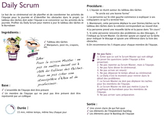 Daily Scrum
Le but de ce cérémonial est de planiﬁer et de coordonner les activités de
l’équipe pour la journée et d’identiﬁer les obstacles dans le projet. Le
tableau des tâches doit aider l’équipe à se concentrer sur les activités de la
journée. Proﬁter du Daily Scrum pour mettre à jour le tableau des tâches et
le Burndown
Ingrédients :
✓ Tableau des tâches
✓ Marqueurs, post-its, crayons,
etc.
Idée:
Pour le scrum Master : ne
pas se mettre devant ou à
côté du tableau des tâches.
Pour ne pas créer une
atmosphère d’élève et de
professeur.
Base :
✓ L’ensemble de l’équipe doit être présent
✓ Un membre de l’équipe qui ne peut pas être présent doit être
représenté par un collègue
15 min, même temps, même lieu chaque jour
Durée :
Sortie :
✓ Une vision claire de qui fait quoi
✓ Les éléments de l’Impediment backlog
✓ Les éléments pour le Backlog de l’équipe
Procédure :
1. L’équipe se réunit autour du tableau des tâches
“le cercle est une bonne forme”
2. La personne sur le côté gauche commence à expliquer à ses
coéquipiers ce qu'il a terminé hier.
3. Maintenant, cette personne déplace la user Stories/tâches sur le
tableau des tâches dans la colonne correspondant au nouvel état.
4.La personne prend une nouvelle tâche et la passe dans ”En cours“
5. Si cette personne rencontre des problèmes ou des blocages, il
l’indique au Scrum Master. Ce dernier ajoute un signal sur la tâche
pour indiquer le blocage et ajoute une référence dans la liste des
obstacles.
6.On recommence les 5 étapes pour chaque membre de l’équipe.
Ne pas faire :
1. Éviter que ce soit le Scrum Master qui soit obligé
de poser les questions (aider l’équipe à être
proactive).
2. Ne pas reporter au Scrum Master, mais à l’équipe.
3. Ne pas faire dévier le cérémonial.
4. Ne pas arriver en retard/
5. Ne pas dépasser le temps alloué au cérémonial.
6. Le Daily n’est le moment pour rentrer dans le
détail des problèmes.
7. Le Scrum Master ne doit pas déplacer les taches
pour les membres de l’équipe.
8. Le Scrum Master ne doit pas mettre à jour le
graphique de burndown pour les membres de
l’équipe.
9. Ne pas arriver sans préparation.
 