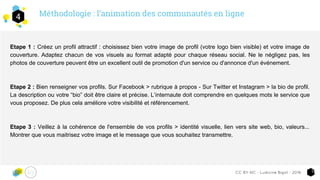 4
11CC-BY-NC - Ludivine Bigot - 2016
Etape 1 : Créez un profil attractif : choisissez bien votre image de profil (votre logo bien visible) et votre image de
couverture. Adaptez chacun de vos visuels au format adapté pour chaque réseau social. Ne le négligez pas, les
photos de couverture peuvent être un excellent outil de promotion d'un service ou d'annonce d'un événement.
Etape 2 : Bien renseigner vos profils. Sur Facebook > rubrique à propos - Sur Twitter et Instagram > la bio de profil.
La description ou votre “bio” doit être claire et précise. L’internaute doit comprendre en quelques mots le service que
vous proposez. De plus cela améliore votre visibilité et référencement.
Etape 3 : Veillez à la cohérence de l'ensemble de vos profils > identité visuelle, lien vers site web, bio, valeurs...
Montrer que vous maitrisez votre image et le message que vous souhaitez transmettre.
Méthodologie : l’animation des communautés en ligne
 