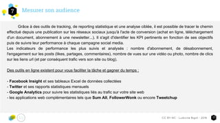 Mesurer son audience7
17CC-BY-NC - Ludivine Bigot - 2016
Grâce à des outils de tracking, de reporting statistique et une analyse ciblée, il est possible de tracer le chemin
effectué depuis une publication sur les réseaux sociaux jusqu'à l'acte de conversion (achat en ligne, téléchargement
d'un document, abonnement à une newsletter...). Il s'agit d'identifier les KPI pertinents en fonction de ses objectifs
puis de suivre leur performance à chaque campagne social media.
Les indicateurs de performance les plus suivis et analysés : nombre d'abonnement, de désabonnement,
l'engagement sur les posts (likes, partages, commentaires), nombre de vues sur une vidéo ou photo, nombre de clics
sur les liens url (et par conséquent trafic vers son site ou blog).
Des outils en ligne existent pour vous faciliter la tâche et gagner du temps :
- Facebook Insight et ses tableaux Excel de données collectées
- Twitter et ses rapports statistiques mensuels
- Google Analytics pour suivre les statistiques liés au trafic sur votre site web
- les applications web complémentaires tels que Sum All, FollowerWonk ou encore Tweetchup
 