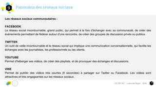 Panorama des réseaux sociaux9
19CC-BY-NC - Ludivine Bigot - 2016
Les réseaux sociaux communautaires :
FACEBOOK
Le réseau social incontournable, grand public, qui permet à la fois d'échanger avec sa communauté, de créer des
événements permettant de fédérer autour d'une rencontre, de créer des groupes de discussion privés ou publics.
TWITTER
Un outil de veille incontournable et le réseau social qui implique une communication conversationnelle, qui facilite les
échanges avec les journalistes, les professionnels ou les clients.
YOUTUBE
Permet d'héberger ses vidéos, de créer des playlists, et de provoquer des échanges et discussions.
VINE
Permet de publier des vidéos très courtes (6 secondes) à partager sur Twitter ou Facebook. Les vidéos sont
attractives et très engageantes sur les réseaux sociaux.
 