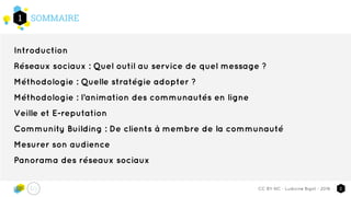 SOMMAIRE1
2CC-BY-NC - Ludivine Bigot - 2016
Introduction
Réseaux sociaux : Quel outil au service de quel message ?
Méthodologie : Quelle stratégie adopter ?
Méthodologie : l’animation des communautés en ligne
Veille et E-reputation
Community Building : De clients à membre de la communauté
Mesurer son audience
Panorama des réseaux sociaux
 