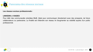Panorama des réseaux sociaux9
21CC-BY-NC - Ludivine Bigot - 2016
Les réseaux sociaux professionnels :
LINKEDIN et VIADEO
Pour bâtir des communautés orientées BtoB. Idéal pour communiquer directement avec des prospects, de futurs
collaborateurs ou partenaires. La finalité est d'étendre son réseau et d'augmenter sa visibilité auprès d'un public
professionnel.
 