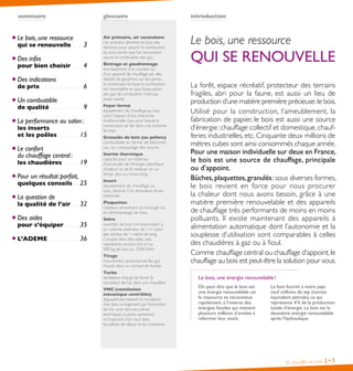 sommaire

glossaire

Le bois, une ressource
qui se renouvelle

 .  .  .  .  .  .  .  .  .  .

Des infos

pour bien choisir

 .  .  .  .  .  .  .  .  .  .

Des indications

de prix

 .  .  .  .  .  .  .  .  .  .  .  .  .  .  .  .  .  .  .  .  .  .  .  .  .  .  .  .  .  .  .  .  .  .  .  .  .  .  .

Un combustible

de qualité

 .  .  .  .  .  .  .  .  .  .  .  .  .  .  .  .  .  .  .  .  .  .  .  .  .  .  .  .  .  .

3
4
6
9

La performance au salon :

les inserts
et les poêles

 .  .  .  .  .  .  .  .  .  .  .  .  .  .  .  .  .  .  .  .

Le confort
du chauffage central :

les chaudières

 .  .  .  .  .  .  .  .  .  .  .  .  .  .  .

Pour un résultat parfait,

quelques conseils

 .  .  .  .  .

La question de

la qualité de l’air

 .  .  .  .  .  .  .

Des aides

pour s’équiper
L’ADEME

 .  .  .  .  .  .  .  .  .  .  .  .  .

 .  .  .  .  .  .  .  .  .  .  .  .  .  .  .  .  .  .  .  .  .  .  .  .  .  .  .  .  .

15

19

introduction

Air primaire, air secondaire
l’air primaire alimente la base des
flammes pour assurer la combustion
du bois, tandis que l’air secondaire
assure la combustion des gaz.

Le bois, une ressource

Bistrage et goudronnage
encrassement d’un conduit ou
d’un appareil de chauffage par des
dépôts de goudrons sur les parois,
se produisant lorsque la combustion
est incomplète et que l’évacuation
des gaz de combustion n’est pas
assez rapide.
Foyer fermé
équipement de chauffage au bois,
ayant l’aspect d’une cheminée
traditionnelle mais pour lequel la
combustion se fait dans une enceinte
fermée.
Granulés de bois (ou pellets)
combustible en forme de bâtonnet
issu du compactage des sciures.
Inertie thermique
capacité pour un matériau
d’accumuler de l’énergie calorifique
(chaleur) et de la restituer en un
temps plus ou moins long.

25

Insert
équipement de chauffage au
bois, destiné à la rénovation d’une
cheminée.

32

Plaquettes
copeaux provenant du broyage ou
du déchiquetage du bois.

35
36

Stère
quantité de bois correspondant à
un volume extérieur de 1 m3 pour
des bûches de 1 mètre de long.
Compte tenu des vides, cela
représente environ 0,6 m3 ou
500 kg de bois ou 1500 kWh.
Tirage
mouvement ascensionnel des gaz
chauds dans un conduit de fumée.
Turbo
ventilateur chargé de forcer la
circulation de l’air dans une chaudière.
VMC (ventilation
mécanique contrôlée)
dispositif permettant la circulation
d’air dans un logement par l’extraction
de l’air vicié dans les pièces
techniques (cuisine, sanitaires)
et l’injection d’air neuf dans
les pièces de séjour et les chambres.

QUI SE RENOUVELLE
La forêt, espace récréatif, protecteur des terrains
fragiles, abri pour la faune, est aussi un lieu de
production d’une matière première précieuse : le bois.
Utilisé pour la construction, l’ameublement, la
fabrication de papier, le bois est aussi une source
d’énergie : chauffage collectif et domestique, chaufferies industrielles, etc. Cinquante deux millions de
mètres cubes sont ainsi consommés chaque année.
Pour une maison individuelle sur deux en France,
le bois est une source de chauffage, principale
ou d’appoint.
Bûches, plaquettes, granulés : sous diverses formes,
le bois revient en force pour nous procurer
la chaleur dont nous avons besoin, grâce à une
matière première renouvelable et des appareils
de chauffage très performants de moins en moins
polluants. Il existe maintenant des appareils à
alimentation automatique dont l’autonomie et la
souplesse d’utilisation sont comparables à celles
des chaudières à gaz ou à fioul.
Comme chauffage central ou chauffage d’appoint, le
chauffage au bois est peut-être la solution pour vous.
Le bois, une énergie renouvelable !
On peut dire que le bois est
une énergie renouvelable car
la ressource se reconstitue
rapidement, à l’inverse des
énergies fossiles qui mettent
plusieurs millions d’années à
reformer leur stock.

Le bois fournit à notre pays
neuf millions de tep (tonnes
équivalent pétrole), ce qui
représente 4 % de la production
totale d’énergie. Le bois est la
deuxième énergie renouvelable
après l’hydraulique.

Se chauffer au bois

2• 3

 