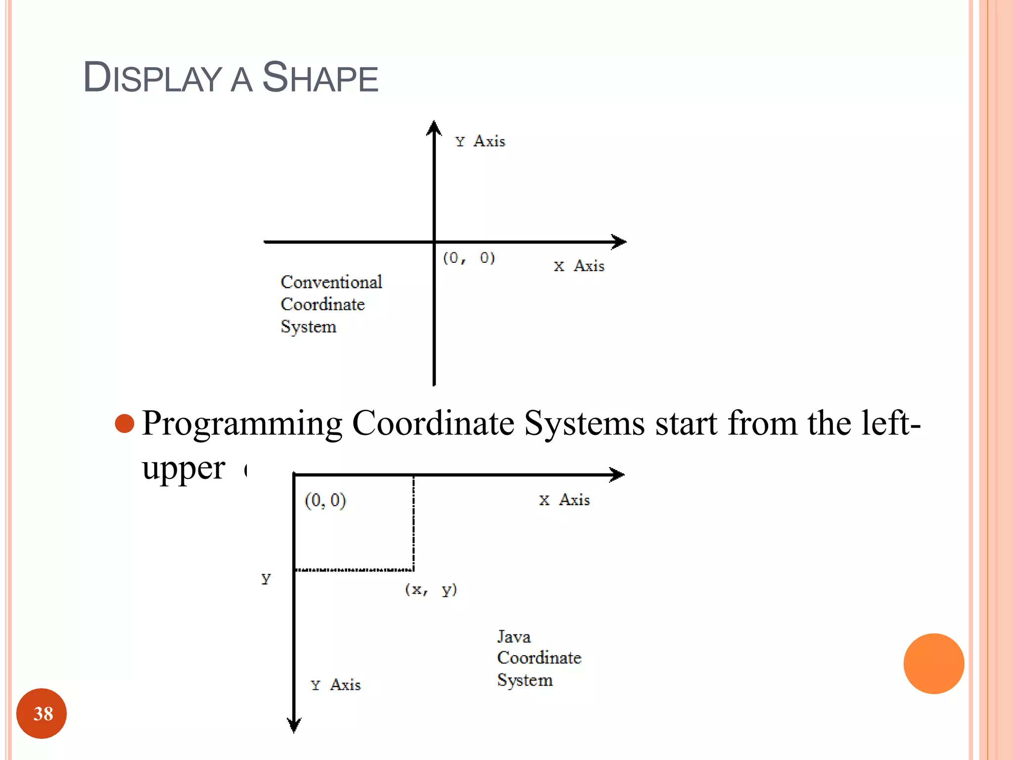 DISPLAY A SHAPE
⚫Programming Coordinate Systems start from the left-
upper corner
38
 