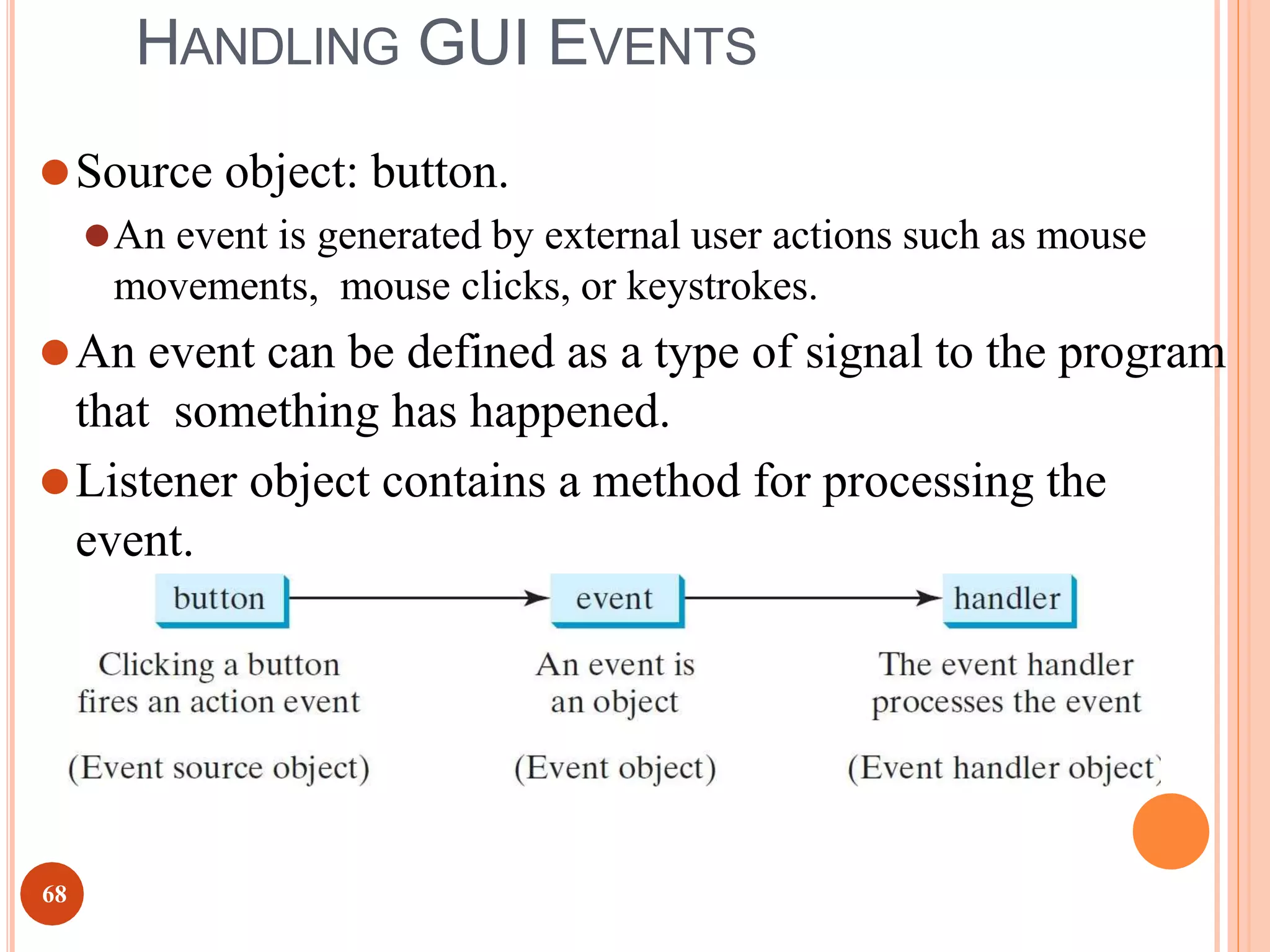HANDLING GUI EVENTS
⚫Source object: button.
⚫An event is generated by external user actions such as mouse
movements, mouse clicks, or keystrokes.
⚫An event can be defined as a type of signal to the program
that something has happened.
⚫Listener object contains a method for processing the
event.
68
 