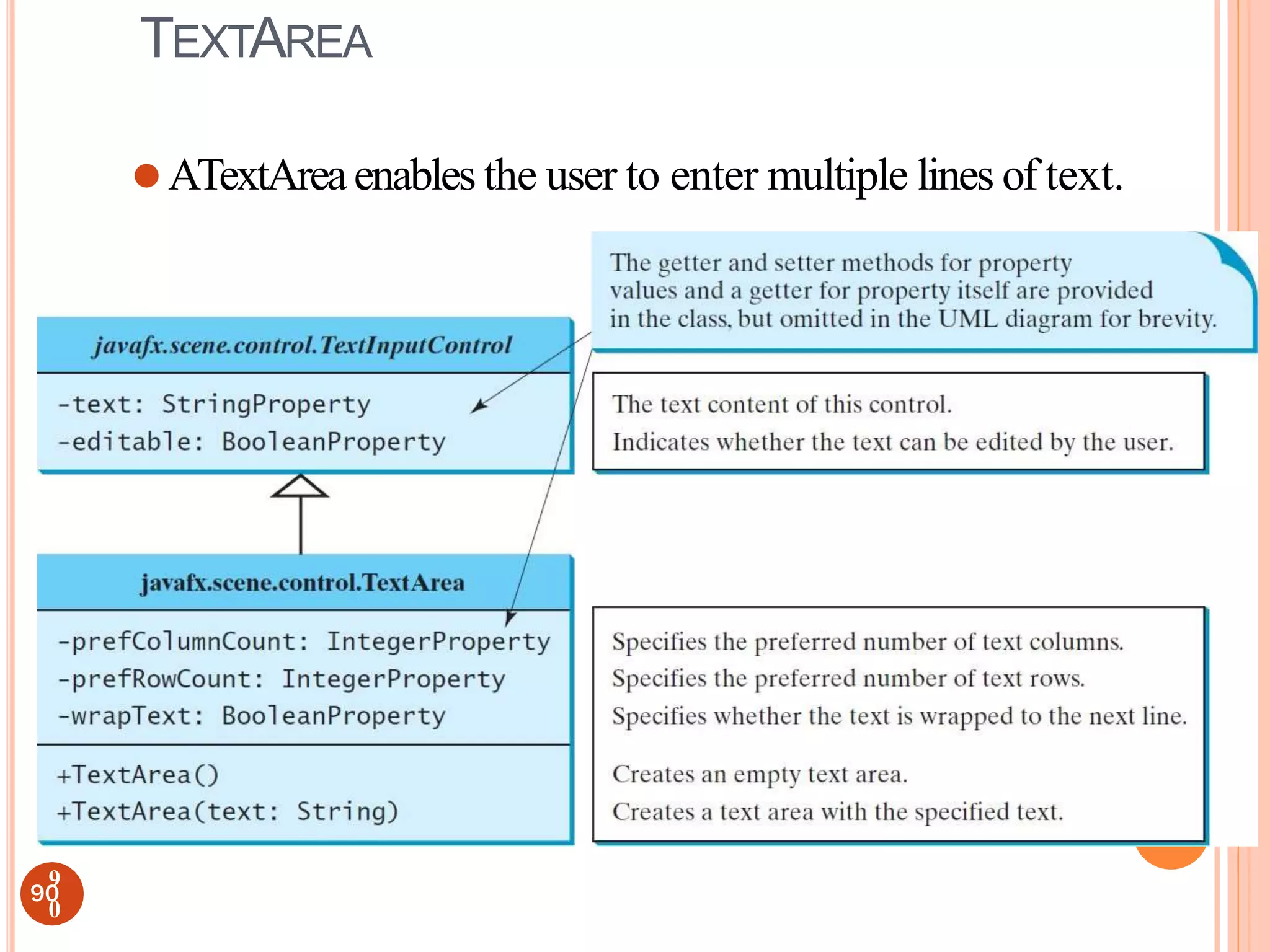 TEXTAREA
⚫ATextAreaenables the user to enter multiple lines of text.
90
9
0
 