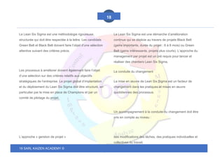 18 SARL KAIZEN ACADEMY ©
18
Le Lean Six Sigma est une méthodologie rigoureuse,
structurée qui doit être respectée à la lettre. Les candidats
Green Belt et Black Belt doivent faire l’objet d’une sélection
attentive suivant des critères précis.
Les processus à améliorer doivent également faire l’objet
d’une sélection sur des critères relatifs aux objectifs
stratégiques de l’entreprise. Le projet global d’implantation
et du déploiement du Lean Six Sigma doit être structuré, en
particulier par la mise en place de Champions et par un
comité de pilotage du projet.
L’approche « gerstion de projet »
Le Lean Six Sigma est une démarche d’amélioration
continue qui se déploie au travers de projets Black Belt
(gains importants, durée du projet : 6 à 8 mois) ou Green
Belt (gains intéressants, projets plus courts). L’approche du
management par projet est un pré requis pour lancer et
réaliser des chantiers Lean Six Sigma.
La conduite du changement
La mise en œuvre de Lean Six Sigma est un facteur de
changement dans les pratiques et mises en œuvre
quotidiennes des processus.
Un accompagnement à la conduite du changement doit être
pris en compte au niveau :
des modifications des tâches, des pratiques individuelles et
collectives du travail,
 