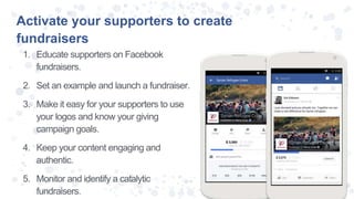 Activate your supporters to create
fundraisers
1. Educate supporters on Facebook
fundraisers.
2. Set an example and launch a fundraiser.
3. Make it easy for your supporters to use
your logos and know your giving
campaign goals.
4. Keep your content engaging and
authentic.
5. Monitor and identify a catalytic
fundraisers.
 