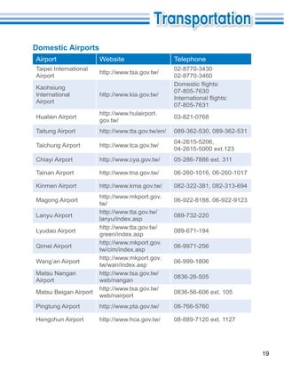 Domestic Airports
Airport                Website                     Telephone
Taipei International                               02-8770-3430
                       http://www.tsa.gov.tw/
Airport                                            02-8770-3460

Kaohsiung
                                                   07-805-7630
International          http://www.kia.gov.tw/
Airport
                                                   07-805-7631
                       http://www.hulairport.
Hualien Airport                                    03-821-0768
                       gov.tw/
Taitung Airport        http://www.tta.gov.tw/en/   089-362-530, 089-362-531
                                                   04-2615-5206,
Taichung Airport       http://www.tca.gov.tw/
                                                   04-2615-5000 ext.123
Chiayi Airport         http://www.cya.gov.tw/      05-286-7886 ext. 311

Tainan Airport         http://www.tna.gov.tw/      06-260-1016, 06-260-1017

Kinmen Airport         http://www.kma.gov.tw/      082-322-381, 082-313-694
                       http://www.mkport.gov.
Magong Airport                                     06-922-8188, 06-922-9123
                       tw/
                       http://www.tta.gov.tw/
Lanyu Airport                                      089-732-220
                       lanyu/index.asp
                       http://www.tta.gov.tw/
Lyudao Airport                                     089-671-194
                       green/index.asp
                       http://www.mkport.gov.
Qimei Airport                                      06-9971-256
                       tw/cim/index.asp
                       http://www.mkport.gov.
Wang’an Airport                                    06-999-1806
                       tw/wan/index.asp
Matsu Nangan           http://www.tsa.gov.tw/
                                                   0836-26-505
Airport                web/nangan
                       http://www.tsa.gov.tw/
Matsu Beigan Airport                               0836-56-606 ext. 105
                       web/nairport
Pingtung Airport       http://www.pta.gov.tw/      08-766-5760

Hengchun Airport       http://www.hca.gov.tw/      08-889-7120 ext. 1127




                                                                              19
 