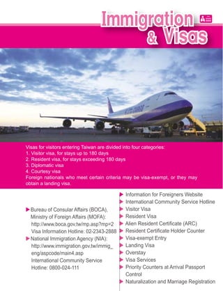 Visas for visitors entering Taiwan are divided into four categories:
1. Visitor visa, for stays up to 180 days
2. Resident visa, for stays exceeding 180 days
3. Diplomatic visa
4. Courtesy visa
Foreign nationals who meet certain criteria may be visa-exempt, or they may
obtain a landing visa.

                                           Information for Foreigners Website
                                           International Community Service Hotline
                                           Visitor Visa
                                           Resident Visa
  http://www.boca.gov.tw/mp.asp?mp=2
  Visa Information Hotline: 02-2343-2888
                                           Visa-exempt Entry
  http://www.immigration.gov.tw/immig_     Landing Visa
  eng/aspcode/main4.asp                    Overstay
  International Community Service          Visa Services
  Hotline: 0800-024-111                    Priority Counters at Arrival Passport
                                           Control
                                           Naturalization and Marriage Registration
 
