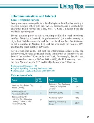 Telecommunications and Internet
Local Telephone Service
Foreign residents can apply for a local telephone land line by visiting a


available upon request.
To call another party in your area, simply dial the local telephone
number. To make a domestic long-distance call (to another county or



For international calls, first dial the international access code, the


international access code 002 (or 009 or 019), the U.S. country code 1,




Taiwan Area Code
                             Area                              Area
 Area                                 Area
                             Code                              Code
                                      Taichung City,Taichung
 Keelung City,Taipei City,
                               02     County, Changhua           04
 Taipei County
                                      County
 Kaohsiung City,
                               07     Kinmen County              082
 Kaohsiung County
 Taoyuan County,                      Nantou County              049
 Hsinchu City, Hsinchu
                               03
 County, Yilan County,
 Hualien County                                                 0836




                                                                            67
 