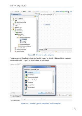 Guide Talend Open Studio




                            Figure 22: Déposer la table catégorie
Pour commencer, il suffit de cliquer sur la table et avec un simple « drag and drop », ajouter
cette dernière dans l’espace de modélisation du Job design.




                 Figure 23: Choisir le type du composant (table catégorie)

                                                                                                 15
 