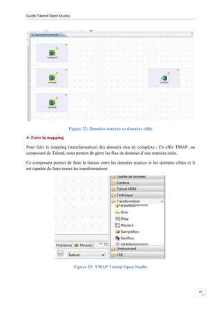 Guide Talend Open Studio




                       Figure 32: Données sources vs données cible
4- Faire la mapping

Pour faire le mapping (transformation) des données rien de complexe ; En effet TMAP, un
composant de Talend, nous permet de gérer les flux de données d’une manière aisée.

Ce composant permet de faire la liaison entre les données sources et les données cibles et il
est capable de faire toutes les transformations




                           Figure 33: TMAP Talend Open Studio




                                                                                                20
 
