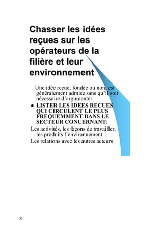 Chasser les idées
     reçues sur les
     opérateurs de la
     filière et leur
     environnement
      Une idée reçue, fondée ou non, est
       généralement admise sans qu’il soit
       nécessaire d’argumenter
       LISTER LES IDEES RECUES
       QUI CIRCULENT LE PLUS
       FREQUEMMENT DANS LE
       SECTEUR CONCERNANT:
     Les activités, les façons de travailler,
       les produits l’environnement
     Les relations avec les autres acteurs




32
 