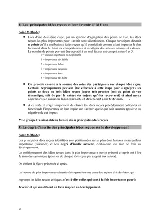 2) Les principales idées reçues et leur devenir d' ici 5 ans

Point Méthode :
     •   Lors d’une deuxième étape, par un système d’agrégation des points de vue, les idées
         reçues les plus importantes pour l’avenir sont sélectionnées. Chaque participant détenait
         n points qu’il a attribué aux idées reçues qu’il considérait comme allant impacter le plus
         fortement dans le futur les comportements et stratégies des acteurs internes et externes.
         Le nombre de points pouvant être accordé à un seul facteur est compris entre 0 et 5.
                   0 = aucune importance ou négligeable
                   1 = importance très faible
                   2 = importance faible
                   3 = importance moyenne
                   4 = importance forte
                   5 = importance très forte

     •   On procède ensuite à la somme des votes des participants sur chaque idée reçue.
         Certains regroupements peuvent être effectués à cette étape pour « agréger » les
         points de deux ou trois idées reçues jugées très proches (soit du point de vue
         sémantique, soit de part la nature des enjeux qu’elles recouvrent) et ainsi mieux
         apprécier leur caractère incontournable et structurant pour le devenir.  .

     •   A ce stade, il s’agit uniquement de classer les idées reçues précédemment collectées en
         fonction de l’importance de leur impact sur l’avenir, quelle que soit la nature (positive ou
         négative) de cet impact.

  Le groupe C a ainsi obtenu la liste des n principales idées reçues

3) Le degré d’inertie des principales idées reçues sur le développement
Point Méthode :
Les principales idées reçues identifiées sont positionnées sur un plan dont les axes mesurent leur
importance (ordonnée) et leur degré d’inertie actuelle, c’est-à-dire leur rôle de frein au
développement.
Le positionnement des idées reçues dans le plan importance x inertie présenté ci-après est à lire
de manière systémique (position de chaque idée reçue par rapport aux autres).

On obtient la figure présentée ci-après.

La lecture du plan importance x inertie fait apparaître une zone des enjeux clés du futur, qui

regroupe les idées reçues critiques, c’est-à-dire celles qui sont à la fois importantes pour le

devenir et qui constituent un frein majeur au développement.




61
 