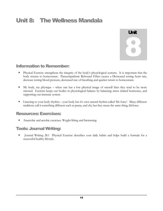 Unit 8: The Wellness Mandala 
Information to Remember: 
 Physical Exercise strengthens the integrity of the body’s physiological systems. It is important that the 
body returns to homeostasis. Parasympathetic Rebound Effect causes a Decreased resting heart rate, 
decrease resting blood pressure, decreased rate of breathing and quicker return to homeostasis. 
 My body, my physique – when one has a low physical image of oneself then they tend to be more 
stressed. Exercise keeps our bodies in physiological balance by balancing stress related hormones, and 
supporting our immune system. 
 Listening to your body rhythm – your body has it’s own natural rhythm called ‘life force’. Many different 
traditions call it something different such as prana, and chi, but they mean the same thing, lifeforce. 
Resources: Exercises: 
 Anaerobic and aerobic exercises. Weight lifting and Swimming 
Tools: Journal Writing: 
 Journal Writing 28.1 Physical Exercise describes your daily habits and helps build a formula for a 
successful healthy lifestyle. 
Unit 8 
10 
 