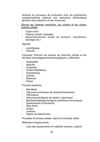 Schéma du processus de production avec les explications
    complémentaires relatives aux opérations élémentaires
    générant des pollutions et des nuisances.
-   Décrire les matières premières, les intrants et les autres
    produits utilisés
    §   Types et flux
    §   Origines (locale, importée)
    §   Approvisionnement (mode de transport, manutention,
        stockage etc.)
    Apprêts
    -   synthétiques
    -   naturels
    Colorants: Préciser les classes de colorants utilisés et les
    données toxicologiques/écotoxicologiques y afférentes
    -   Substantifs
    -   Réactifs
    -   Dispersés
    -   Acides/métallifères
    -   Pigmentaires
    -   Soufrés
    -   Basiques.
    -   Autres
    Produits auxiliaires
    -   Mouillants
    -   Adjuvants anioniques de teinture/d’impression
    -   Véhiculeurs
    -   Adoucissants/Agents de fixation cationiques
    -   Mouillants/détergents/agents auxiliaires non-ioniques
    -   Epaississants d’impression
    -   Sels divers
    -   Acides
    -   Lessives
    -   Agents de blanchiment
    Procédés tinctoriaux utilisés: décrire le procédé utilisé
    Matériels et équipements
    §   Liste des équipements et matériels (nombre, origine)

                                21
 