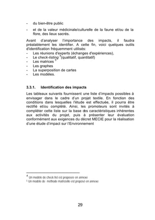 -      du bien-être public
-      et de la valeur médicinale/culturelle de la faune et/ou de la
       flore, des lieux sacrés.
Avant d’analyser l’importance des impacts, il faudra
préalablement les identifier. A cette fin, voici quelques outils
d'identification fréquemment utilisés:
-    Les réunions d'experts (échanges d'expériences),
                      4
-    Le check-listing (qualitatif, quantitatif)
                    5
-    Les matrices
-    Les graphes
-    La superposition de cartes
-    Les modèles.


3.3.1.       Identification des impacts
Les tableaux suivants fournissent une liste d’impacts possibles à
envisager dans le cadre d’un projet textile. En fonction des
conditions dans lesquelles l'étude est effectuée, il pourra être
rectifié et/ou complété. Ainsi, les promoteurs sont invités à
compléter cette liste sur la base d caractéristiques inhérentes
                                   es
aux activités du projet, puis à présenter leur évaluation
conformément aux exigences du décret MECIE pour la réalisation
d’une étude d’impact sur l’Environnement




4
    Un modèle de check list est proposée en annexe
5   Un modèle de méthode matricielle est proposé en annexe




                                          29
 