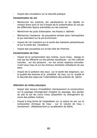 -   Impact des circulations sur la sécurité publique
Contamination du sol
-   Mentionner les produits, les canalisations et les dépôts en
    contact direct avec le sol (l’impact de la contamination du sol par
    les différentes façons prévisibles sur les cultures)
-   Mentionner les puits d'absorption, les fosses à déchets
-   Mentionner l’existence de poussières émises dans l’atmosphère
    et qui retombent sur le sol environnant
-   Impact de l’air insalubre sur la santé des habitants périphériques
    et sur la santé des travailleurs
-   Impact des poussières sur le bien être de l’Homme
Contamination de l'eau
-   Impact de la contamination des rivières, cours d’eau , étangs et
    mer par les effluents sur les plantes aquatiques , sur les cultures
    rizicoles , sur les poissons , sur les autres espèces animales
    vivant sous l’eau et sur les animaux terrestres utilisateurs de ces
    eaux
-   Impact de la pollution des eaux sur la santé des baigneurs, sur
    la qualité des lessives et la potabilité de l’eau, sur la qualité et
    la sécurité des repas par l’intermédiaire des produits de pêche


Altération du milieu physique
-   Impact des travaux d’installation (terrassement et construction)
    sur le paysage (changement d’aspect du paysage, des pentes
    du sol) et sur les cours d’eau (disparition ou changement de
    cours des petites rivières)
-   Impact à long terme de l’exploitation sur la nature du sol, sur la
    composition chimique de l’eau , sur le volume de l’eau (
    tarissement , affaiblissement ou accélération de débit).




                                  60
 