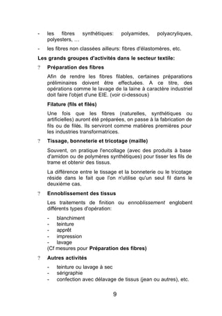 -   les fibres synthétiques:         polyamides,     polyacryliques,
    polyesters, …
-   les fibres non classées ailleurs: fibres d'élastomères, etc.
Les grands groupes d'activités dans le secteur textile:
?   Préparation des fibres
    Afin de rendre les fibres filables, certaines préparations
    préliminaires doivent être effectuées. A ce titre, des
    opérations comme le lavage de la laine à caractère industriel
    doit faire l'objet d'une EIE. (voir ci-dessous)
    Filature (fils et filés)
    Une fois que les fibres (naturelles, synthétiques ou
    artificielles) auront été préparées, on passe à la fabrication de
    fils ou de filés. Ils serviront comme matières premières pour
    les industries transformatrices.
?   Tissage, bonneterie et tricotage (maille)
    Souvent, on pratique l'encollage (avec des produits à base
    d'amidon ou de polymères synthétiques) pour tisser les fils de
    trame et obtenir des tissus.
    La différence entre le tissage et la bonneterie ou le tricotage
    réside dans le fait que l'on n'utilise qu'un seul fil dans le
    deuxième cas.
?   Ennoblissement des tissus
    Les traitements de finition ou ennoblissement englobent
    différents types d'opération:
    -   blanchiment
    -   teinture
    -   apprêt
    -   impression
    -   lavage
    (Cf mesures pour Préparation des fibres)
?   Autres activités
    -   teinture ou lavage à sec
    -   sérigraphie
    -   confection avec délavage de tissus (jean ou autres), etc.

                                 9
 