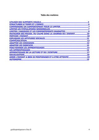 Table des matières


UTILISER DES SUPPORTS VISUELS.......................................................................................5
STRUCTURER LE TEMPS ET L'ESPACE...................................................................................6
COMPRENDRE UN COMPORTEMENT POUR LE LIMITER….................................................7
LIMITER LES STIMULATIONS SENSORIELLES.......................................................................7
LIMITER L'ANGOISSE ET LES COMPORTEMENTS INADAPTES...........................................8
INSTAURER DES PAUSES, DU CALME DANS LA JOURNEE DE L'ENFANT.......................10
MOTIVER L'ENFANT..............................................................................................................10
EXPLIQUER LES APTITUDES SOCIALES..............................................................................11
COMMUNICATION................................................................................................................12
ADAPTER LES CONSIGNES..................................................................................................14
ADAPTER LES EXERCICES....................................................................................................15
FRACTIONNER LES APPRENTISSAGES...............................................................................15
LES APPRENTISSAGES.........................................................................................................16
APPRENTISSAGE DE LA LECTURE ET DE L'ECRITURE.......................................................17
SOCIALISATION....................................................................................................................18
AIDER L'ENFANT A BIEN SE POSITIONNER ET A ETRE ATTENTIF...................................19
AUTONOMIE.........................................................................................................................19




 guidespratiquesavs.free.fr                                                                                                       4
 
