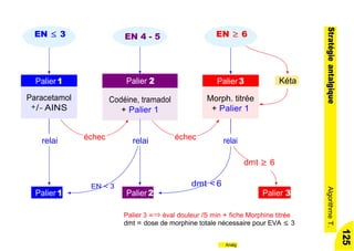 échec échec
Palier 1 Palier3 Kéta
relai relai relai
dmt ≥ 6
Palier 1
EN < 3
Palier2
dmt < 6
Palier 3
Palier 3 =⇒ éval douleur /5 min + fiche Morphine titrée
dmt = dose de morphine totale nécessaire pour EVA ≤ 3
Analg
Codéine, tramadol
+ Palier 1
EN ≥ 6EN 4 - 5EN ≤ 3
Palier 2
125
StratégieantalgiqueAlgorithmeT.
Paracetamol
+/− AINS
Morph. titrée
+ Palier 1
 