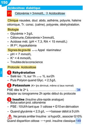 150
1
3
!
−→
−→
Acidocétose diabétique
P3 Cétonémie > 3mmol/L, ∃ Acidocétose
Clinique nausées, doul. abdo, asthénie, polyurie, haleine
cétonique, Tr. consc. (calme), polypnée, déshydratation.
Biologie
Ŕ Glycémie > 3g/L
Ŕ Cétonurie,Cétonémie>3mmol/L
Ŕ Acidose mét. (pH < 7,3, RA < 15 mmol/L)
Ŕ IR Fct, Hypokaliémie
Signesdegravité Appel réanimateur
Ŕ pH < 7 mmol/L
Ŕ K+ < 4 mmol/L
Ŕ Troublesdelaconscience
Protocole Acidocétose
Réhydratation
Ŕ Salé iso : 1L sur 1h 1L sur2h
Ŕ Puis Polyion quand Glyc. < 2,5g/L
Potassium (K+ tjrs diminué, même si taux normal)
PSE dès le 2e L .................................... 34
Adapter au ionogramme 2h après début du protocole
Insuline (Insuline ultra-rapide analogue)
Ŕ Bolus selon prot. cétonémie
Ŕ PSE : 10UI/h tant que ∃ cétose + G10 en dérivation
Ŕ Quand glycémie < 2,5 g/L −→baisser débit à 5UI/h
Ne jamais arrêter Insuline : si hypoGl., associer G10%
Quand disparition cétose −→prot. insuline classique 149
2
Met
 