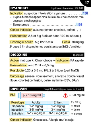 17
Indication suspicion Intoxication cyanure . . . . . . . . . . 136
Ŕ Expos.fuméesespaceclos.Suieautourbouche/nez,mu-
queuses oropharyngées
Ŕ Symptomes ............. ....................... 136
Contre-Indication aucune (femme enceinte, enfant . . .)
Présentation 2,5 et 5 g à diluer dans 100 ml sérum ϕ
Posologie Adulte 5 g IV/15min Pédia 70mg/kg
2e dose à 1h si symptomes persistants ou SdG d’emblée
Action Inotrope +, Chronotrope − Indication FA rapide
Présentation amp 2 ml = 0,5 mg
Posologie 0,25 à 0,5 mg IVL 2 à 3 /jour (perf NaCl)
Surdosage nausée, vomissement, anorexie trouble visuel
(floue, colorée) confusion, délire arythmie (ESV, BAV)
PSE ∃ 20 mg/ml
Ex. 70 kg
≈ 10 ml
≈ 25 ml
≈ 50ml/h
Contre-Indication Grossesse, Allergie œuf et soja
DIPRIVAN Propofol (narcotique, délai ≈ 5 min)
CYANOKIT Hydroxocobalamine : Vit B12
DIGOXINE Digitaline
pur 10 mg/ml !
Posologie Adulte Enfant
Sédation
Induction
Entretien
1-2 mg/kg 1-2 mg/kg
3-5 mg/kg 3-4 mg/kg
5-12 mg/kg/h 9-15 mg/kg/h
 