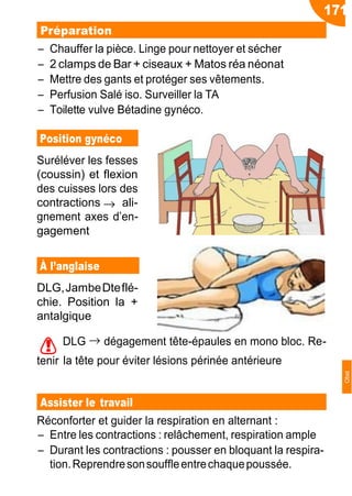 171
→
Préparation
Ŕ Chauffer la pièce. Linge pour nettoyer et sécher
Ŕ 2 clamps de Bar + ciseaux + Matos réa néonat
Ŕ Mettre des gants et protéger ses vêtements.
Ŕ Perfusion Salé iso. Surveiller la TA
Ŕ Toilette vulve Bétadine gynéco.
Position gynéco
Suréléver les fesses
(coussin) et flexion
des cuisses lors des
contractions ali-
gnement axes d’en-
gagement
À l’anglaise
DLG,JambeDteflé-
chie. Position la +
antalgique
DLG → dégagement tête-épaules en mono bloc. Re-
la tête pour éviter lésions périnée antérieure
Assister le travail
Réconforter et guider la respiration en alternant :
Ŕ Entre les contractions : relâchement, respiration ample
Ŕ Durant les contractions : pousser en bloquant la respira-
tion.Reprendresonsouffleentrechaquepoussée.
!
tenir
Obst
 