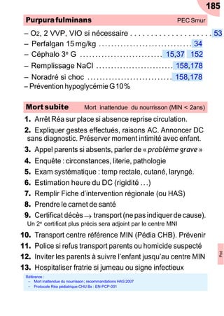 →
Ŕ O2, 2 VVP, VIO si nécessaire . . . . . . . . . . . . . . . . . . . . 53
Ŕ Perfalgan 15mg/kg .............................. 34
Ŕ Céphalo 3e G ........................... 15,37 152
Ŕ Remplissage NaCl .......................... 158,178
Ŕ Noradré si choc ............................ 158,178
Ŕ Prévention hypoglycémieG10%
1. Arrêt Réa sur place si absence reprise circulation.
2. Expliquer gestes effectués, raisons AC. Annoncer DC
sans diagnostic. Préserver moment intimité avec enfant.
3. Appel parents si absents, parler de « problème grave »
4. Enquête : circonstances, literie, pathologie
5. Exam systématique : temp rectale, cutané, laryngé.
6. Estimation heure du DC (rigidité ...)
7. Remplir Fiche d’intervention régionale (ou HAS)
8. Prendre le carnet de santé
9. Certificat décès transport (ne pas indiquer de cause).
Un 2e certificat plus précis sera adjoint par le centre MNI
10. Transport centre référence MIN (Pédia CHB). Prévenir
11. Police si refus transport parents ou homicide suspecté
12. Inviter les parents à suivre l’enfant jusqu’au centre MIN
13. Hospitaliser fratrie si jumeau ou signe infectieux
Mort subite Mort inattendue du nourrisson (MIN < 2ans)
Référence :
Ŕ Mort inattendue du nourrisson; recommandations HAS 2007
Ŕ Protocole Réa pédiatrique CHU Bx : EN-PCP-001
185
Purpurafulminans PEC Smur
Ped
 