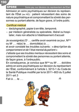 Psy
Admission en soins psychiatriques sur décision du représen-
tant de l’État (ex HO) : patient nécessitant des soins de
nature psychiatrique et compromettant la sûreté des per-
sonnes ou portant atteinte, de façon grave, à l’ordre public.
Certificat médical
Ŕ dactylographié, papier à en-tête, tamponné.
Ŕ par médecin généraliste ou spécialiste, libéral ou hospi-
talier, mais non attaché à l’établissement d’accueil
Je soussigné(e) Dr ... certifie avoir examiné ce jour, Mme
ou Mr ... né(e) le ... domicilié(e) à ...
et avoir constaté les troubles suivants : « description du
comportementetdel’étatmentaldupatient»
J’atteste que ses troubles mentaux nécessitent des soins et
compromettent la sûreté des personnes ou portent atteinte,
de façon grave, à l’ordrepublic.
En conséquence, je conclus que Mme ou Mr . . . doitêtre
admis en soins psychiatriques sur décision du représentant
de l’État, conformément à l’article L 3213-1 du Code de
la Santé Publique modifié par la loi 2011Ŕ803 du 5 juillet
2011Ŕart.3
Fait à . .. le .. . ✍
Nico Loic
190
SPDRE Soins psy. sur décision du représentant del’Etat
 